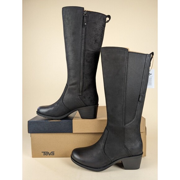 Teva Tall Boots Womens 9.5M Anaya Waterproof Tall Black Leather Heeled Shoes NWB - Picture 3 of 12